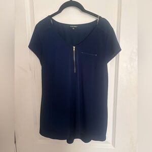 Medium Navy Blue Stretch Blouse – Short Sleeve with Front Zip